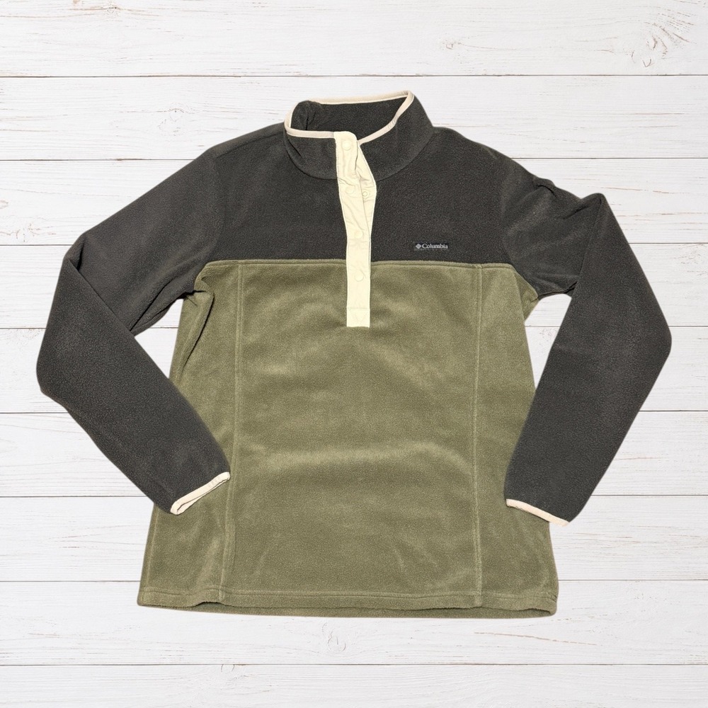 Columbia Colorblock Fleece Pullover Olive Charcoal Snap Neck Outdoor Womens M